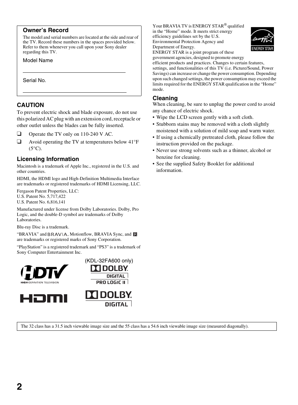 Sony BRAVIA KDL-0EX500 User Manual | Page 2 / 59