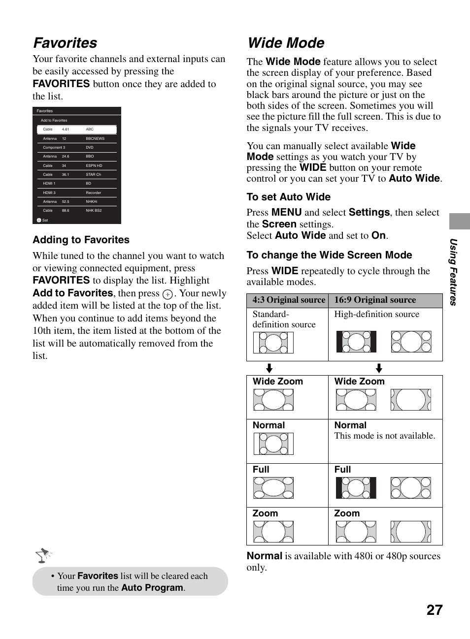 Favorites, Wide mode, Us ing fea tures | Sony BRAVIA KDL-0EX500 User Manual | Page 27 / 59