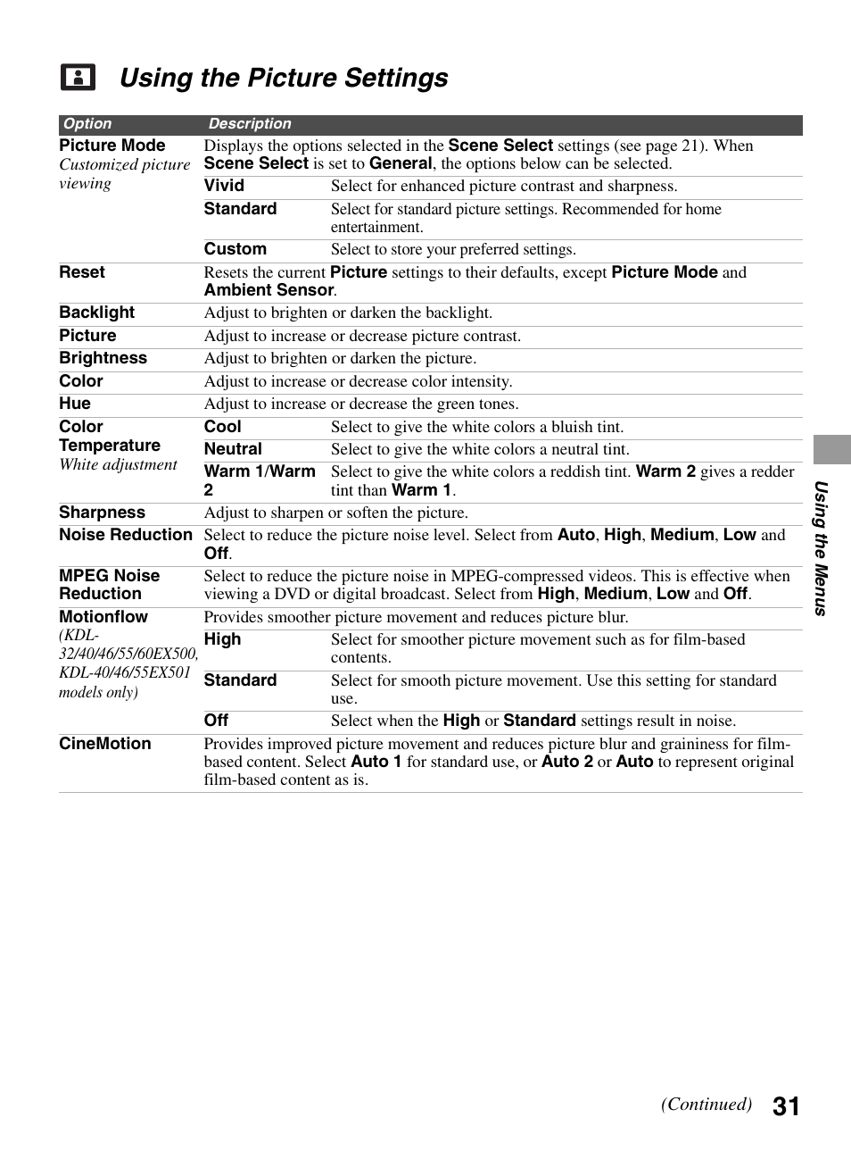 Using the picture settings | Sony BRAVIA KDL-0EX500 User Manual | Page 31 / 59