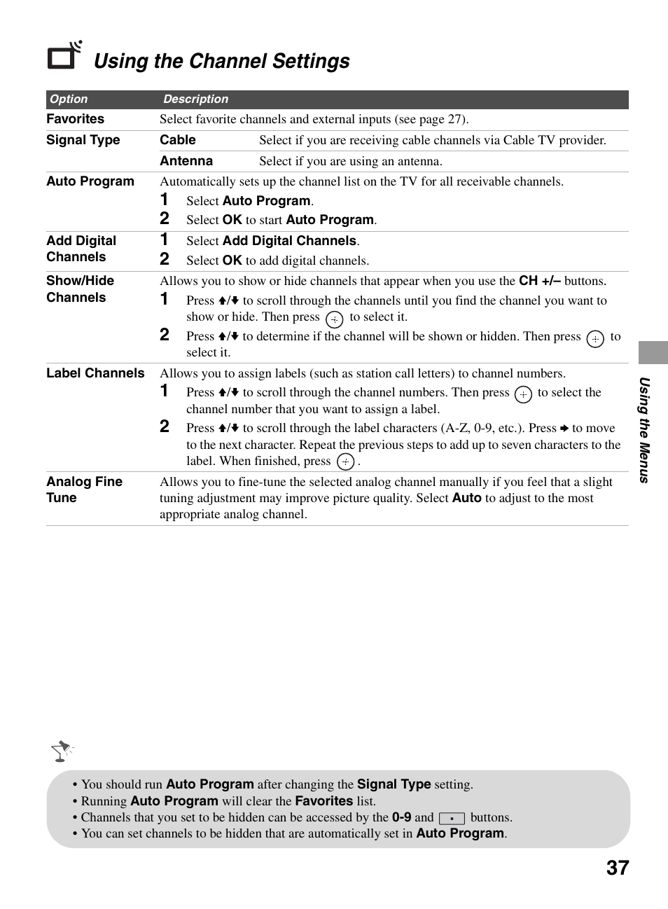 Using the channel settings | Sony BRAVIA KDL-0EX500 User Manual | Page 37 / 59