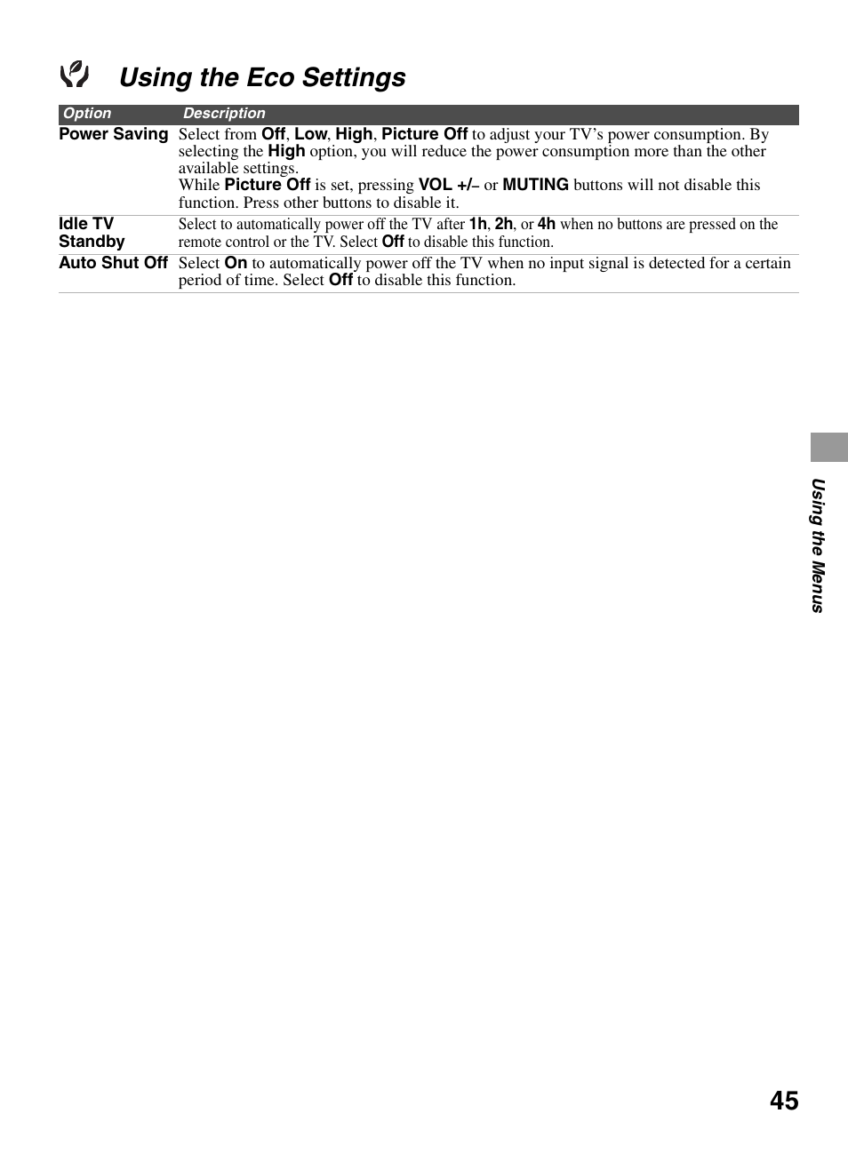 Using the eco settings | Sony BRAVIA KDL-0EX500 User Manual | Page 45 / 59