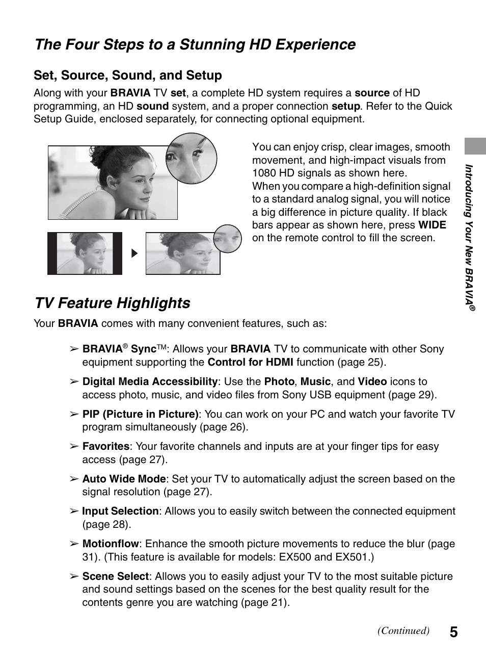 The four steps to a stunning hd experience, Tv feature highlights, The four steps to a stunning hd | Experience, Set, source, sound, and setup | Sony BRAVIA KDL-0EX500 User Manual | Page 5 / 59