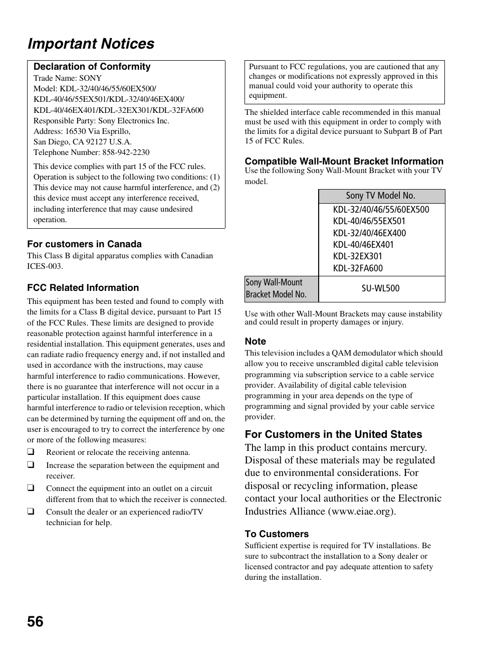 Important notices, 56 important notices | Sony BRAVIA KDL-0EX500 User Manual | Page 56 / 59