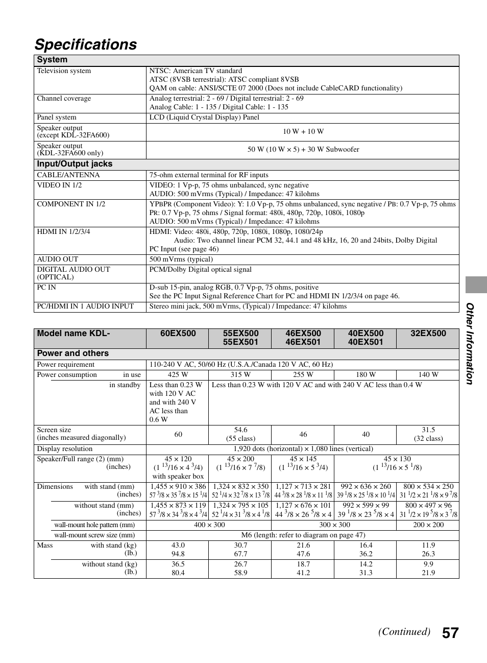 Specifications, Continued), Othe r inform ation | Sony BRAVIA KDL-0EX500 User Manual | Page 57 / 59