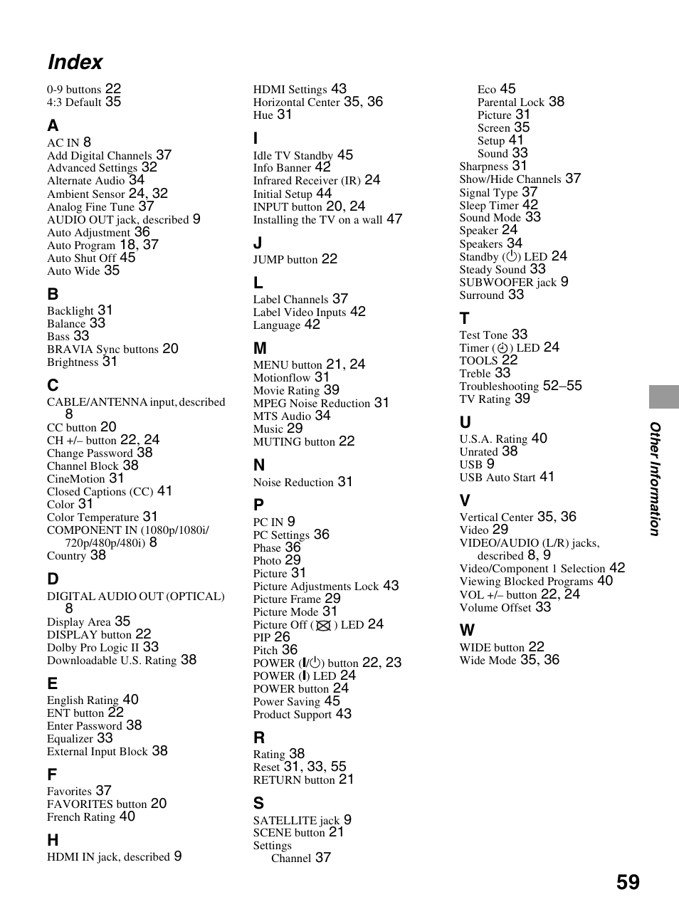Index | Sony BRAVIA KDL-0EX500 User Manual | Page 59 / 59