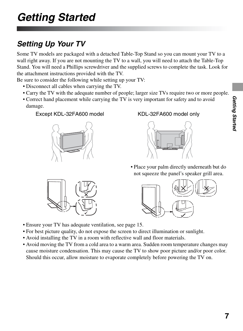 Getting started, Setting up your tv | Sony BRAVIA KDL-0EX500 User Manual | Page 7 / 59