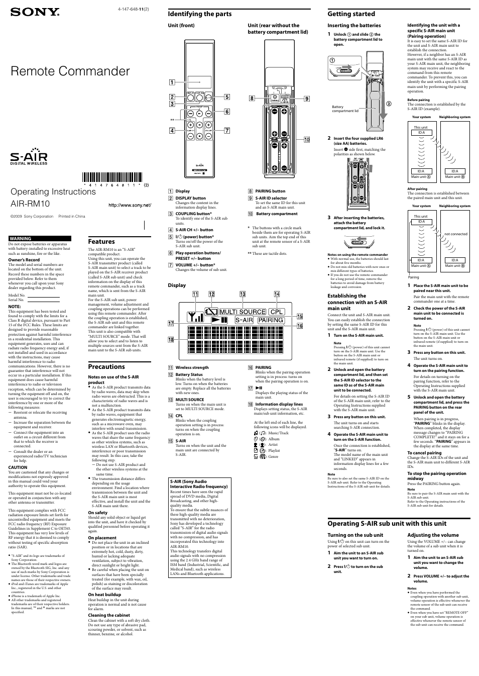 Sony AIR-RM10 User Manual | 2 pages