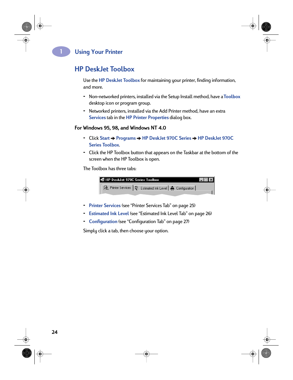 Hp deskjet toolbox, Using your printer | Sony 970C Series User Manual | Page 31 / 82