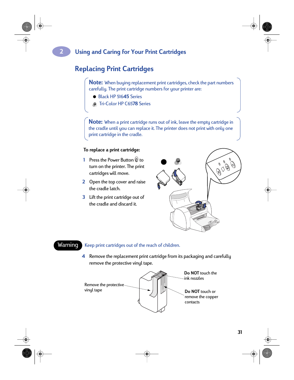 Replacing print cartridges, Using and caring for your print cartridges, Warning | Sony 970C Series User Manual | Page 38 / 82