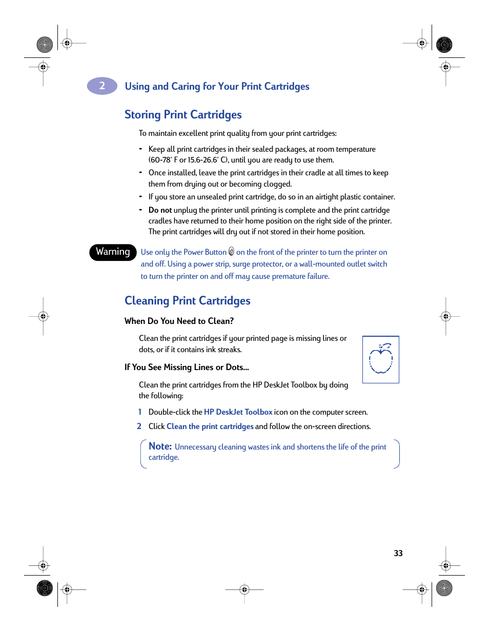 Storing print cartridges, Cleaning print cartridges, Storing print cartridges cleaning print cartridges | Sony 970C Series User Manual | Page 40 / 82