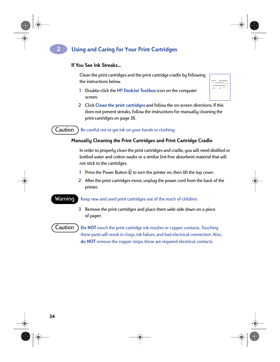 Using and caring for your print cartridges, Caution warning caution | Sony 970C Series User Manual | Page 41 / 82