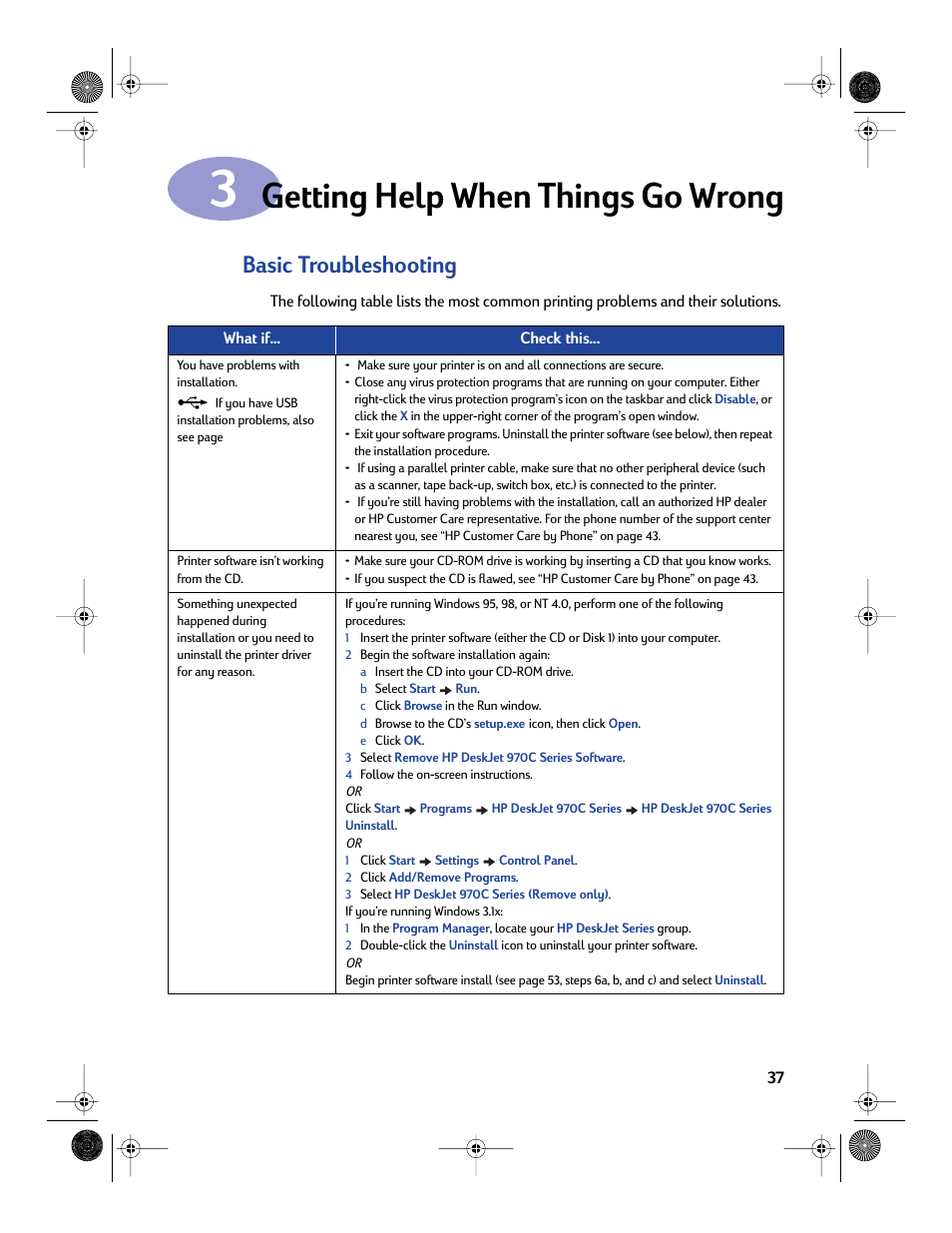 Getting help when things go wrong, Basic troubleshooting, Chapter 3 getting help when things go wrong | Sony 970C Series User Manual | Page 44 / 82