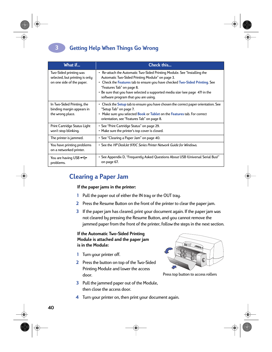 Clearing a paper jam, Getting help when things go wrong | Sony 970C Series User Manual | Page 47 / 82