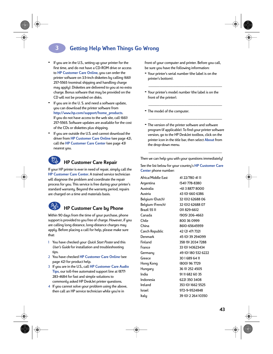 Getting help when things go wrong, Hp customer care repair, Hp customer care by phone | Sony 970C Series User Manual | Page 50 / 82