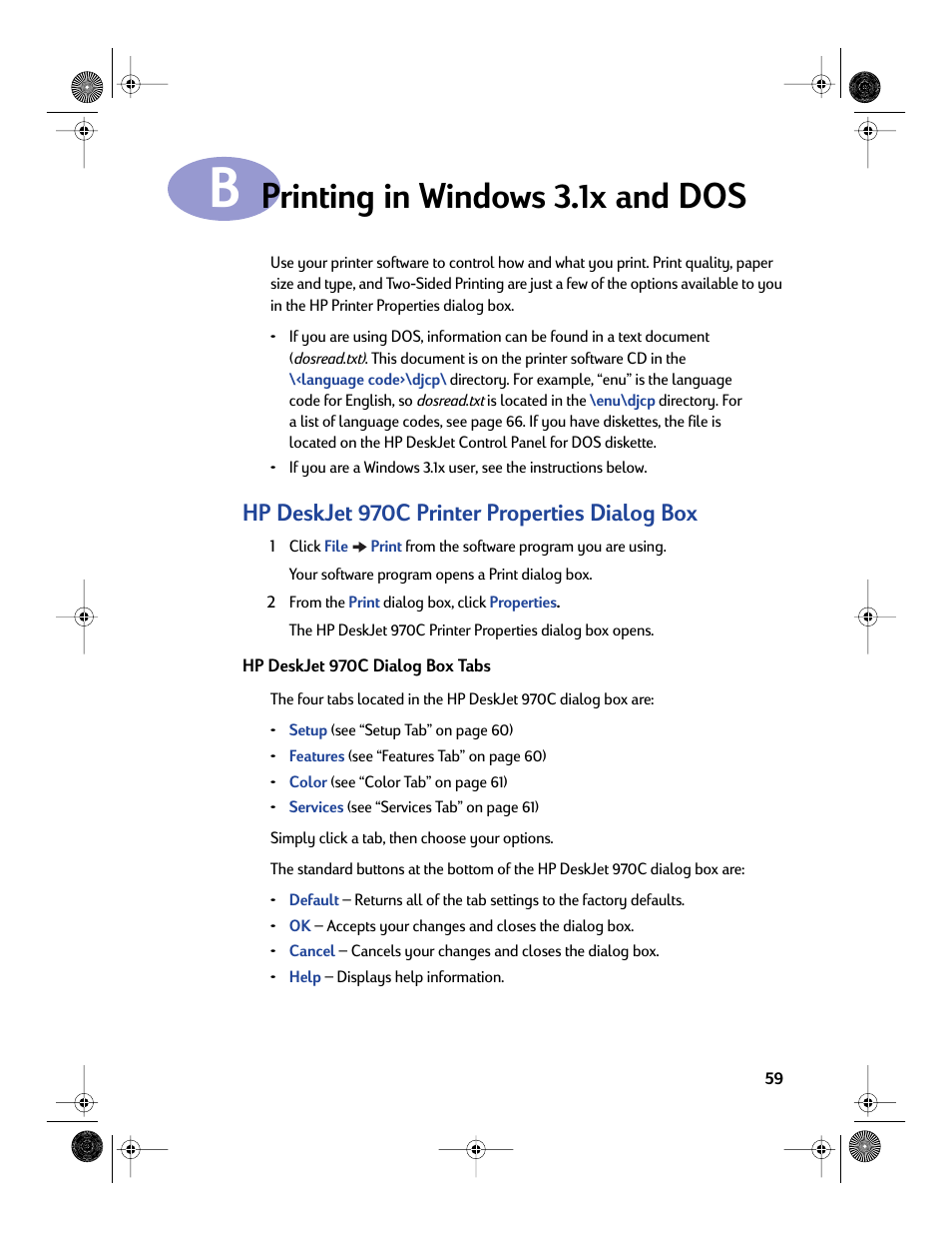 Printing in windows 3.1x and dos, Hp deskjet 970c printer properties dialog box, Appendix b | Sony 970C Series User Manual | Page 66 / 82