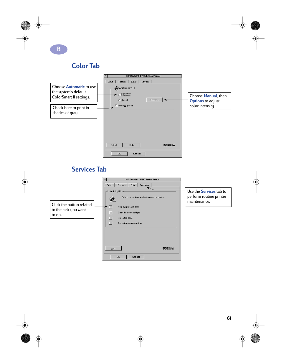 Color tab, Services tab, Color tab services tab | Sony 970C Series User Manual | Page 68 / 82