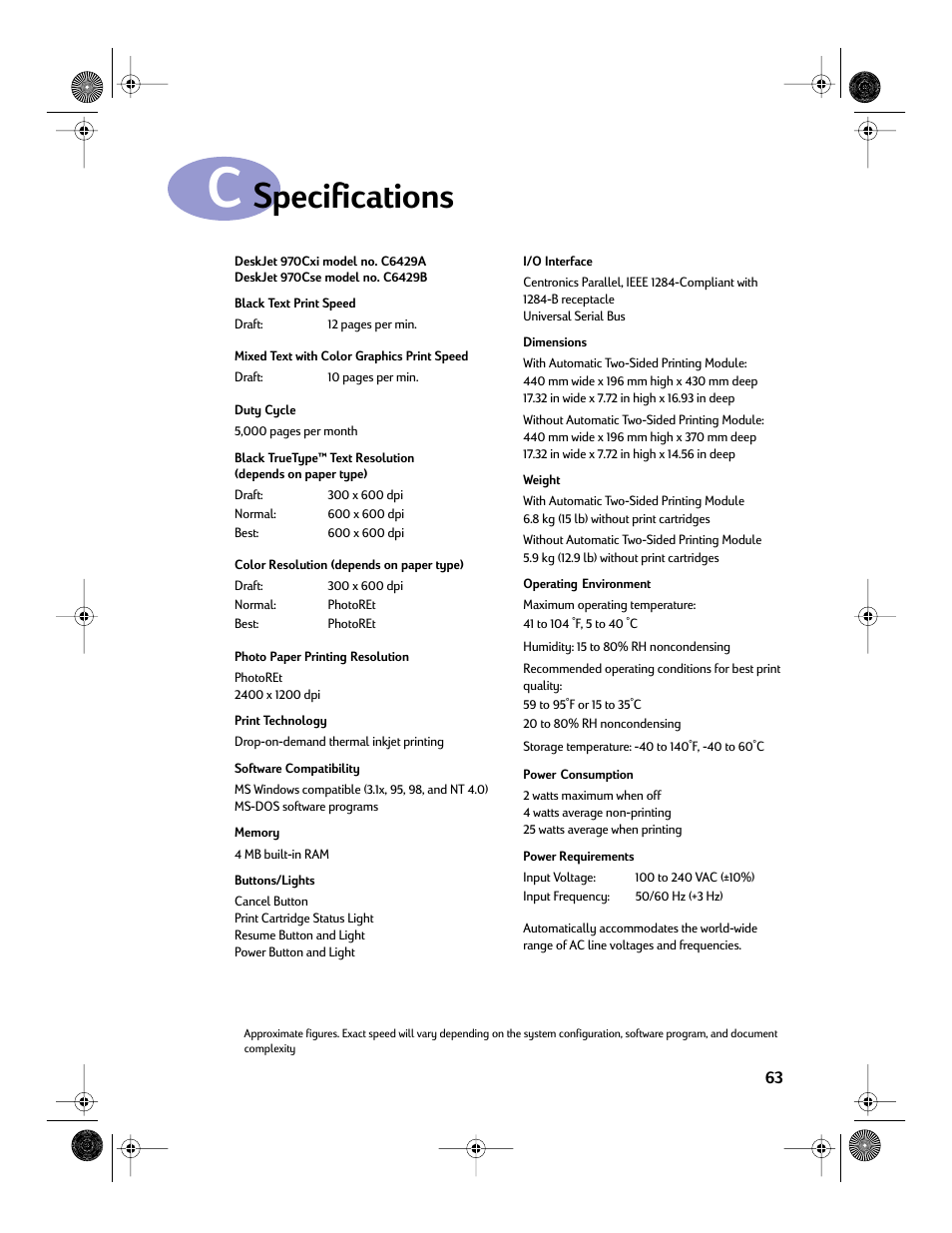 Specifications, Appendix c | Sony 970C Series User Manual | Page 70 / 82