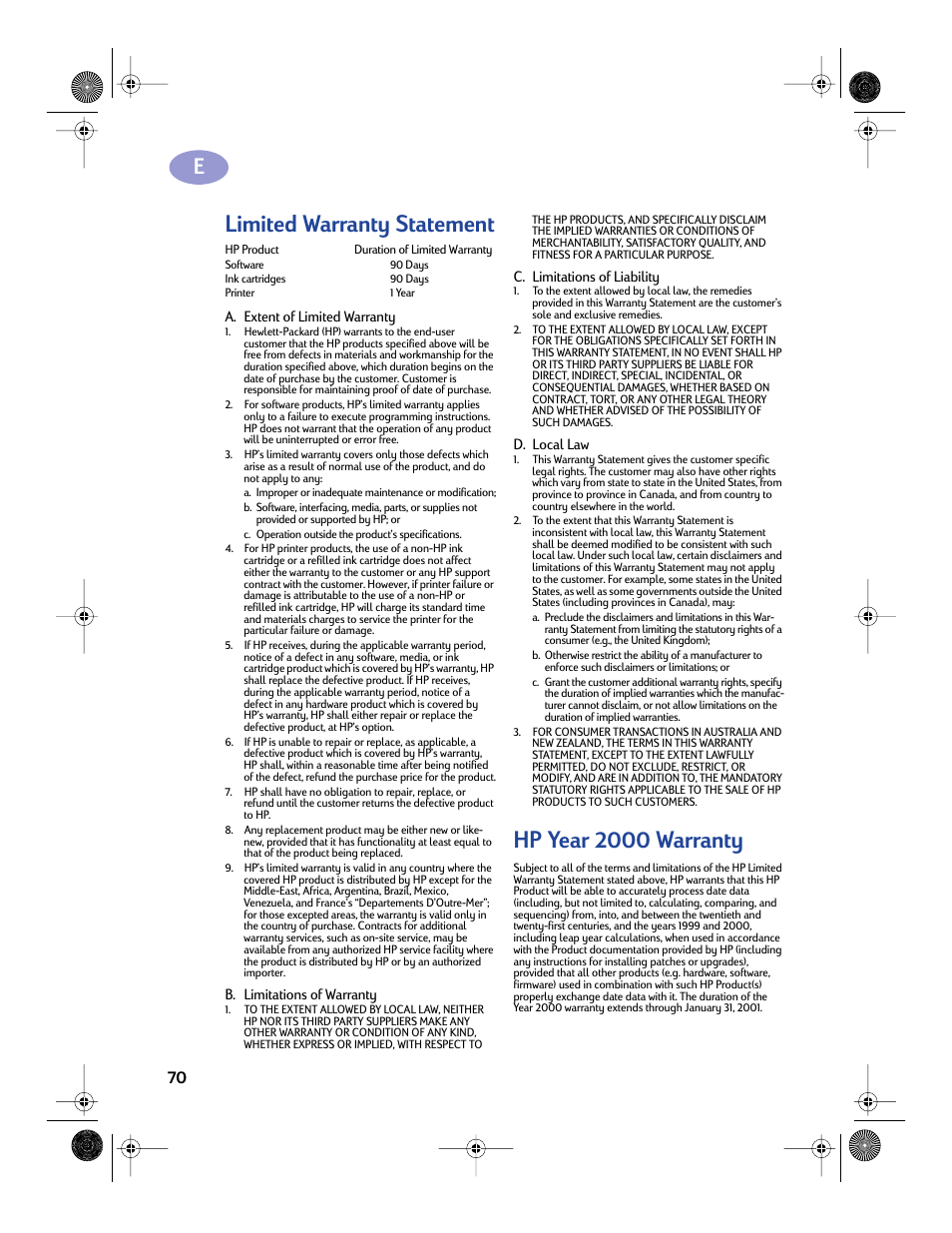 Limited warranty statement, Hp year 2000 warranty, Limited warranty statement hp year 2000 warranty | Sony 970C Series User Manual | Page 77 / 82