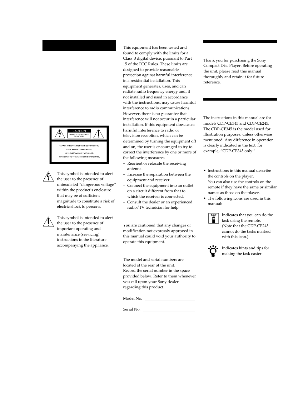 Welcome, About this manual, 2warning | Sony Compact Disc Player CDP-CE345 User Manual | Page 2 / 20