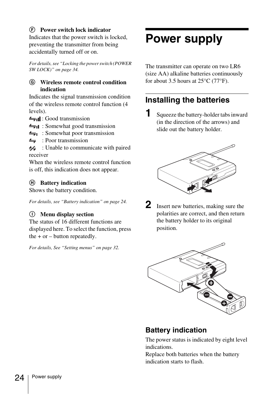 Power supply, Installing the batteries | Sony 3-873-945-12 (1) User Manual | Page 24 / 44