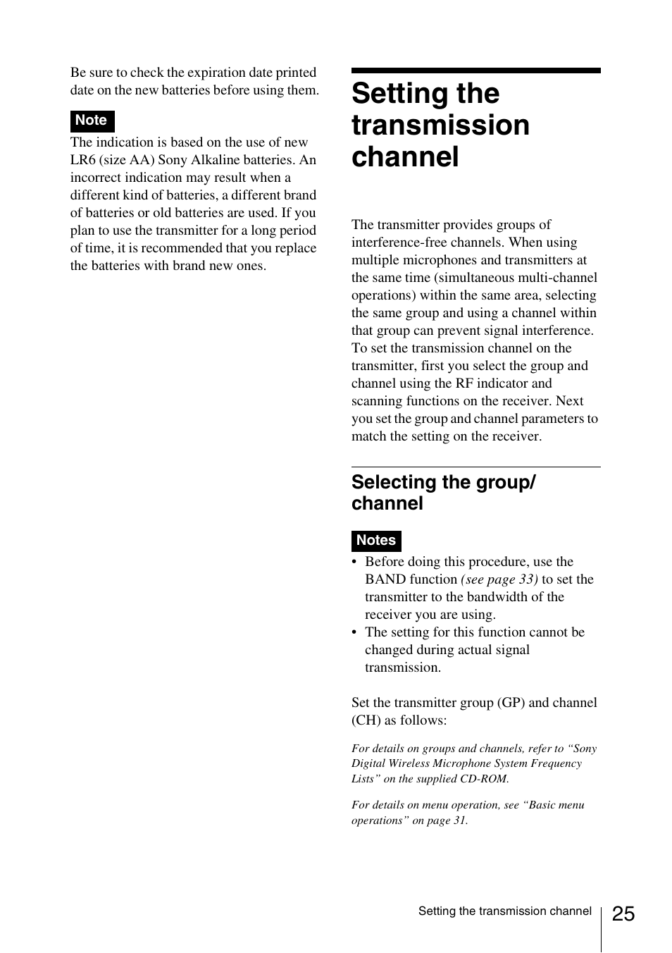 Setting the transmission channel, Selecting the group/ channel, Setting the transmission channel 25 | Selecting the group/channel | Sony 3-873-945-12 (1) User Manual | Page 25 / 44