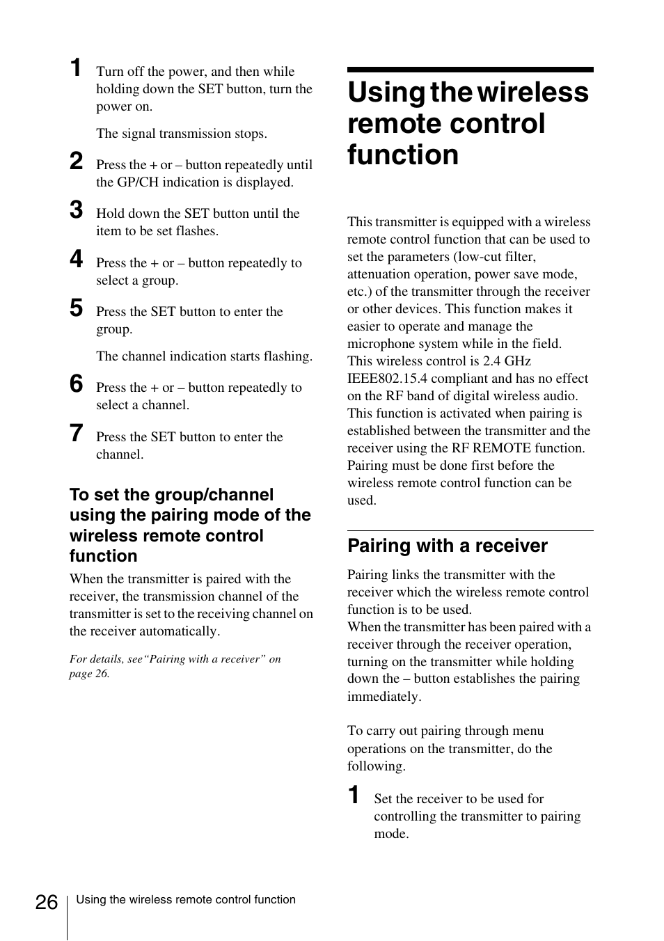 Using the wireless remote control function, Pairing with a receiver | Sony 3-873-945-12 (1) User Manual | Page 26 / 44