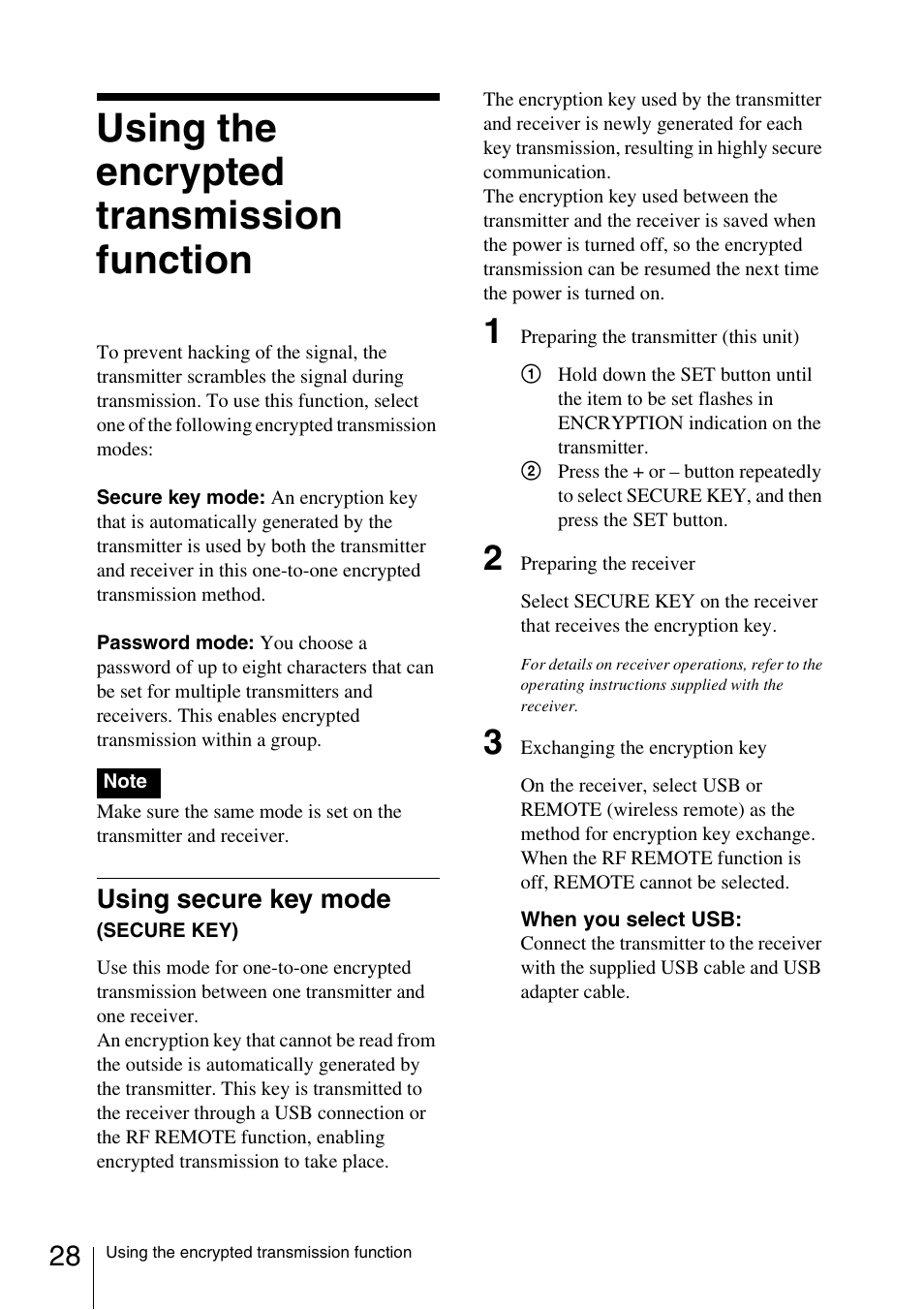 Using the encrypted transmission function, Using secure key mode (secure key), Using secure key mode | Sony 3-873-945-12 (1) User Manual | Page 28 / 44