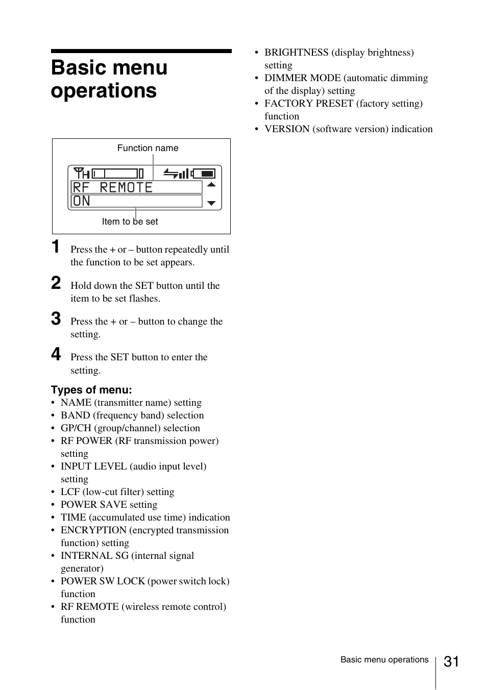 Basic menu operations | Sony 3-873-945-12 (1) User Manual | Page 31 / 44