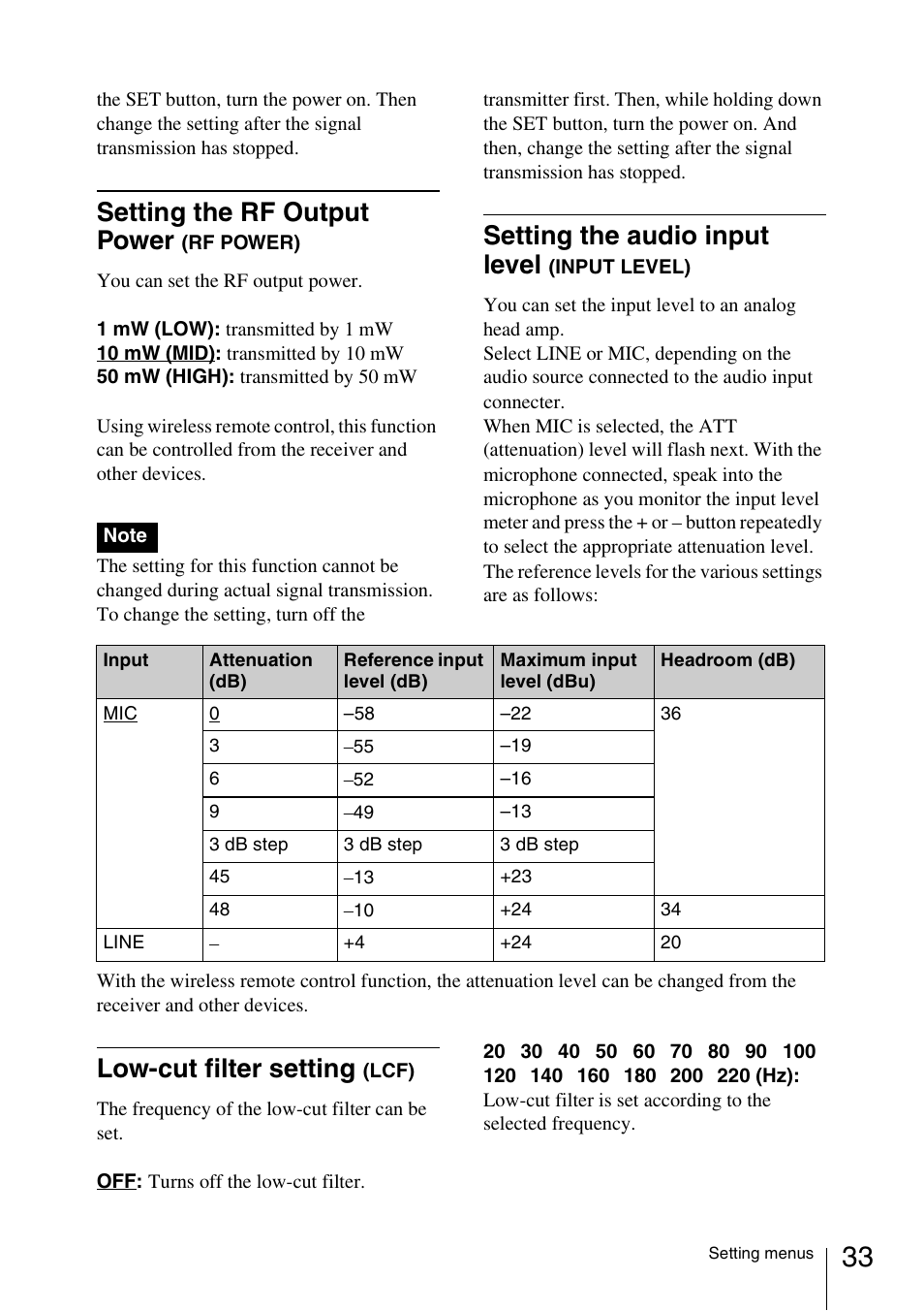 Setting the rf output power (rf power), Setting the audio input level (input level), Low-cut filter setting (lcf) | Setting the rf output power, Setting the audio input level, Low-cut filter setting | Sony 3-873-945-12 (1) User Manual | Page 33 / 44