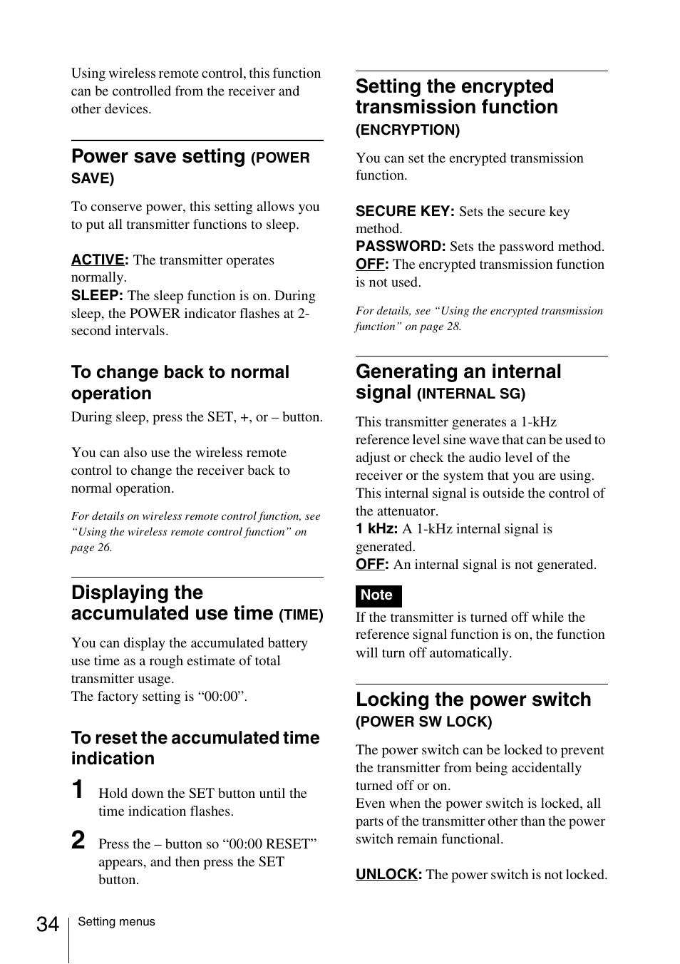 Power save setting (power save), Displaying the accumulated use time (time), Generating an internal signal (internal sg) | Locking the power switch (power sw lock), Power save setting, Displaying the accumulated use time, Setting the encrypted transmission function, Generating an internal signal, Locking the power switch | Sony 3-873-945-12 (1) User Manual | Page 34 / 44