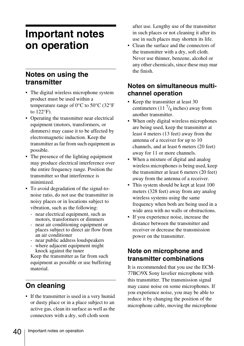 Important notes on operation, Notes on using the transmitter, On cleaning | Notes on using the transmitter on cleaning | Sony 3-873-945-12 (1) User Manual | Page 40 / 44