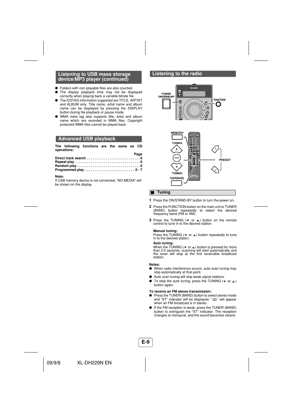 Advanced usb playback, Listening to the radio, Tuning | Sony XL-DH229N User Manual | Page 10 / 16