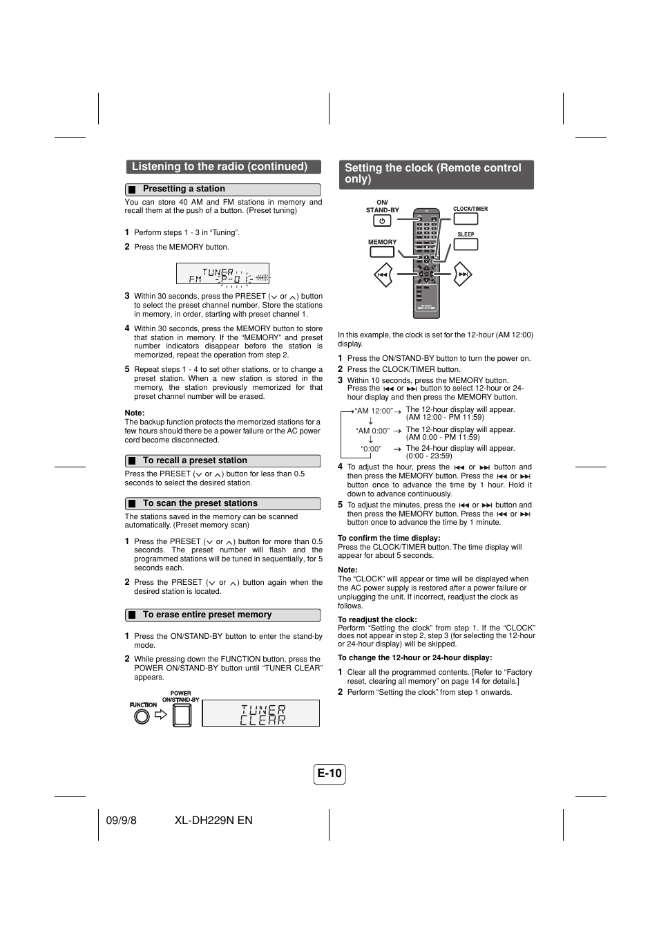 Presetting a station, To recall a preset station, To scan the preset stations | To erase entire preset memory, Setting the clock (remote control only), E-10, Listening to the radio (continued) | Sony XL-DH229N User Manual | Page 11 / 16