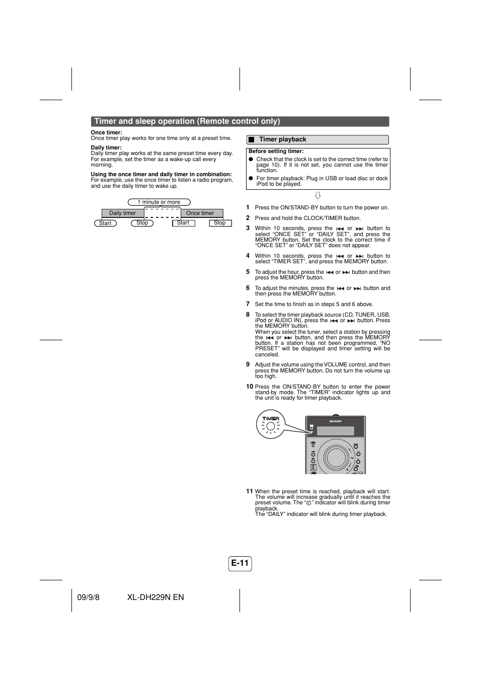 Timer and sleep operation (remote control only), Timer playback | Sony XL-DH229N User Manual | Page 12 / 16