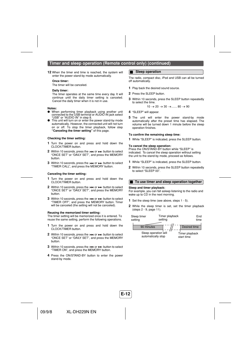 Sleep operation, To use timer and sleep operation together | Sony XL-DH229N User Manual | Page 13 / 16