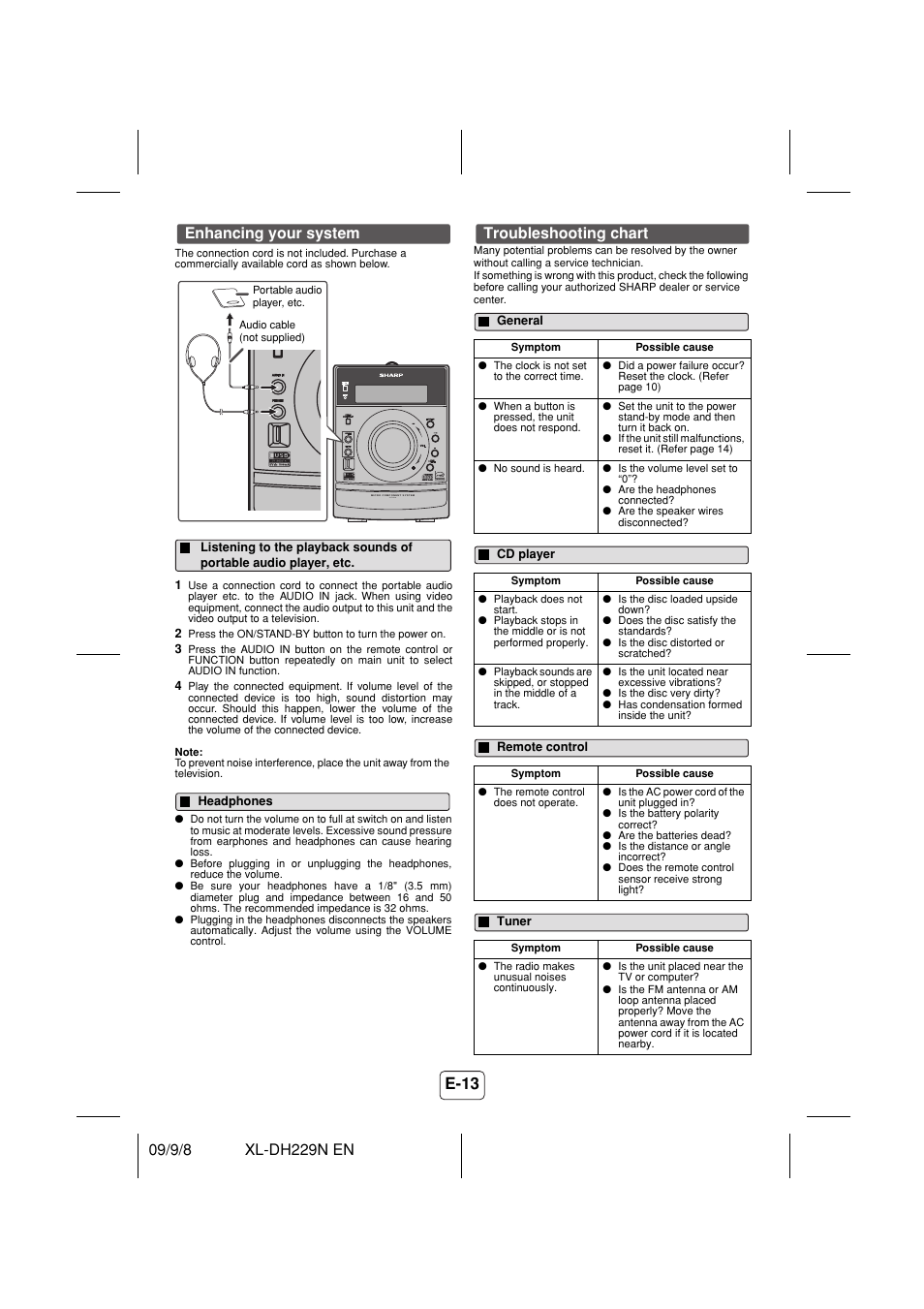 Enhancing your system, Headphones, Troubleshooting chart | General, Cd player, Remote control, Tuner | Sony XL-DH229N User Manual | Page 14 / 16