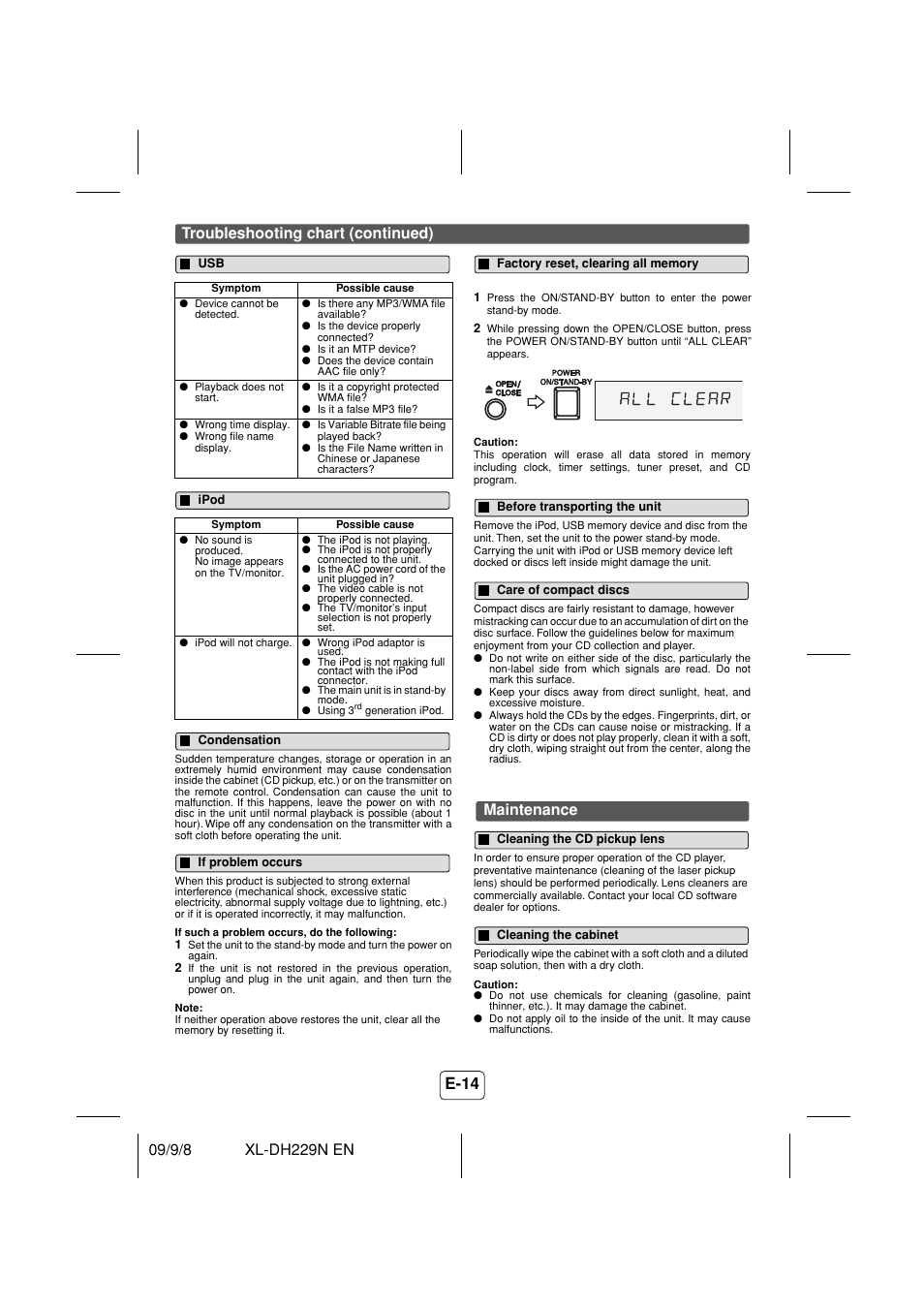 Ipod, Condensation, If problem occurs | Factory reset, clearing all memory, Before transporting the unit, Care of compact discs, Maintenance, Cleaning the cd pickup lens, Cleaning the cabinet, Troubleshooting chart (continued) | Sony XL-DH229N User Manual | Page 15 / 16