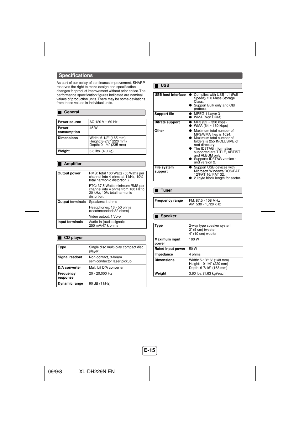 Specifications, General, Amplifier | Cd player, Tuner, Speaker, E-15 | Sony XL-DH229N User Manual | Page 16 / 16