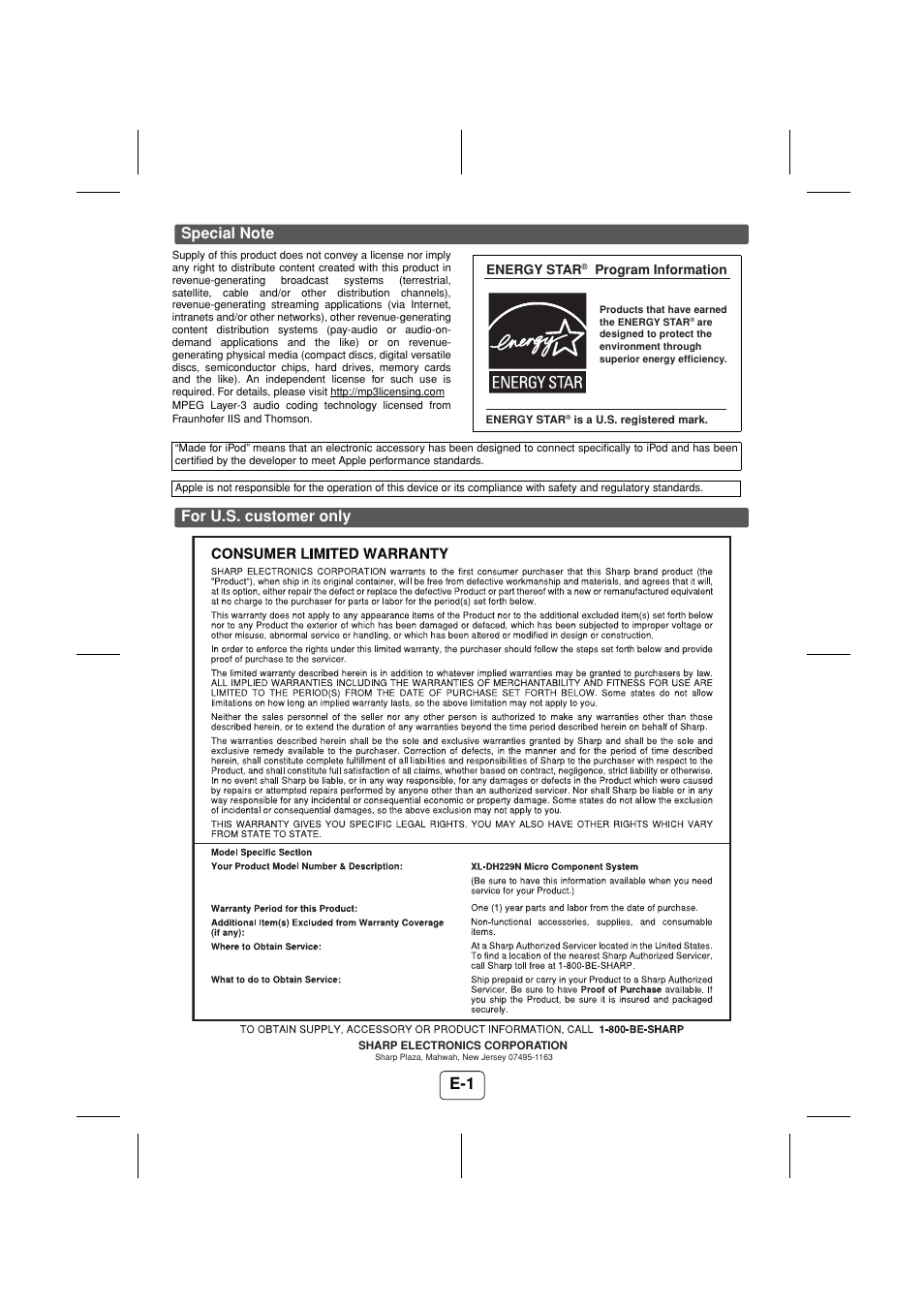 Special note, For u.s. customer only | Sony XL-DH229N User Manual | Page 2 / 16