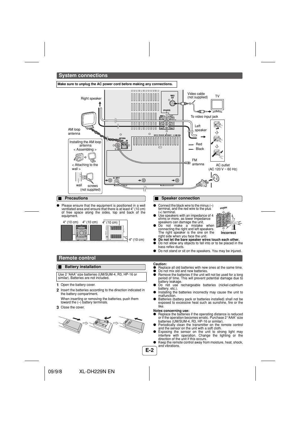 System connections, Precautions, Speaker connection | Remote control, Battery installation | Sony XL-DH229N User Manual | Page 3 / 16