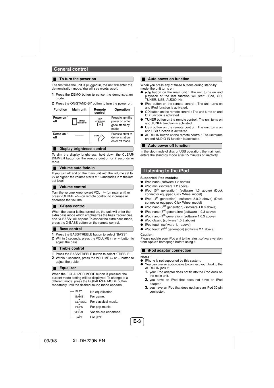 General control, To turn the power on, Display brightness control | Volume auto fade-in, Volume control, X-bass control, Bass control, Treble control, Equalizer, Auto power on function | Sony XL-DH229N User Manual | Page 4 / 16