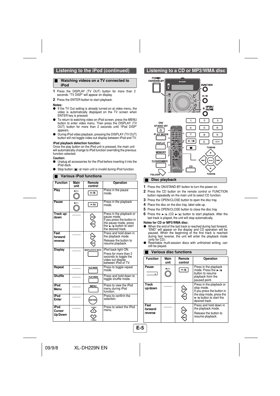 Watching videos on a tv connected to ipod, Various ipod functions, Listening to a cd or mp3/wma disc | Disc playback, Various disc functions, Listening to the ipod (continued) | Sony XL-DH229N User Manual | Page 6 / 16