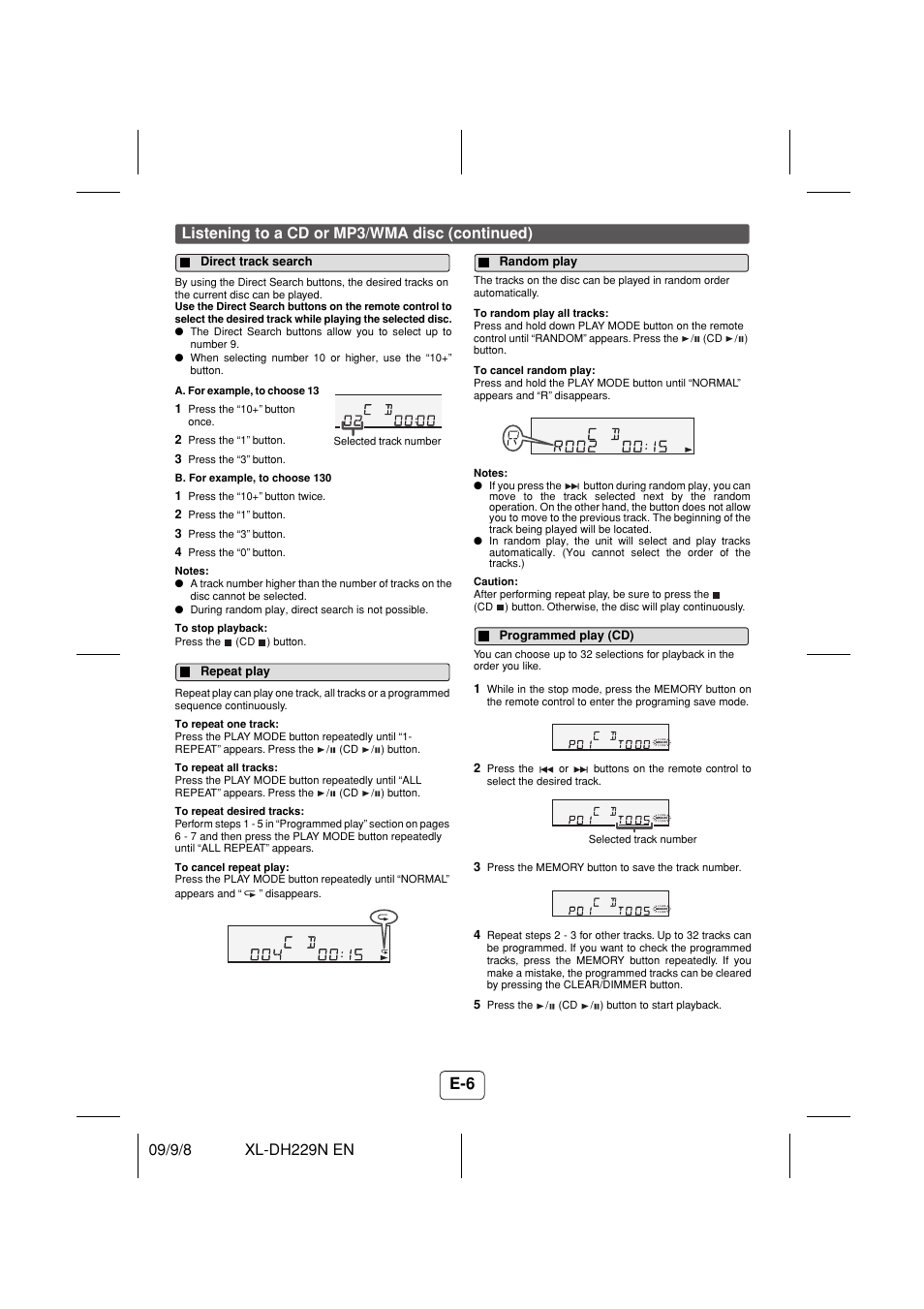 Direct track search, Repeat play, Random play | Programmed play (cd) | Sony XL-DH229N User Manual | Page 7 / 16
