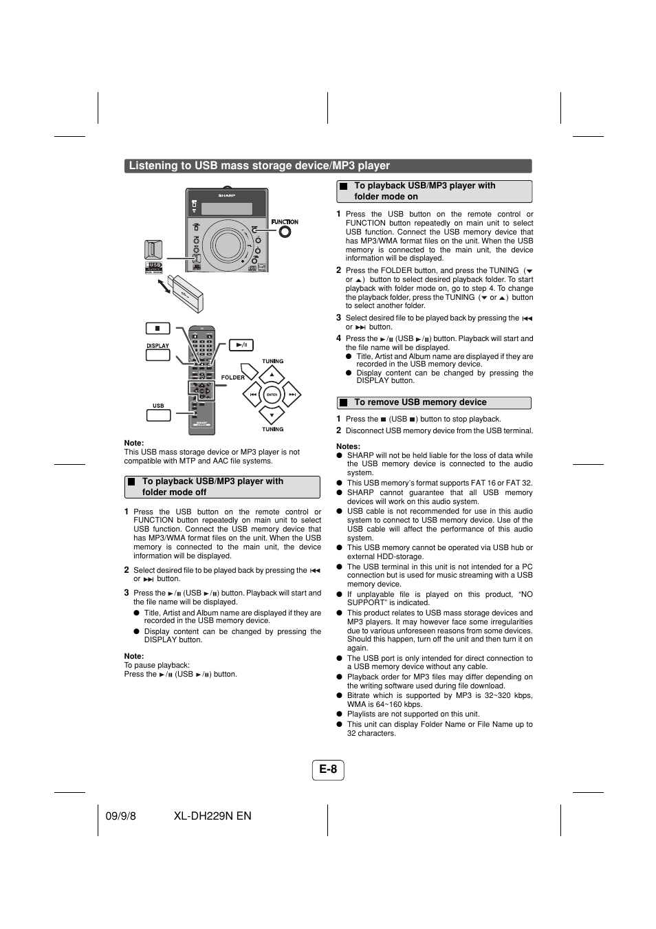 Listening to usb mass storage device/mp3 player, To playback usb/mp3 player with folder mode off, To playback usb/mp3 player with folder mode on | To remove usb memory device | Sony XL-DH229N User Manual | Page 9 / 16