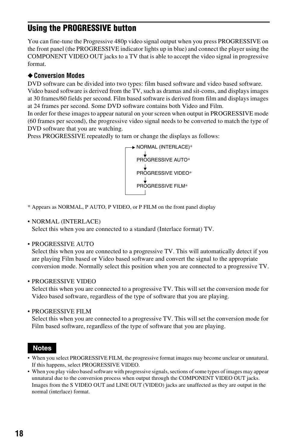 Tor (18, Using the progressive button | Sony DVP-NC665P User Manual | Page 18 / 78