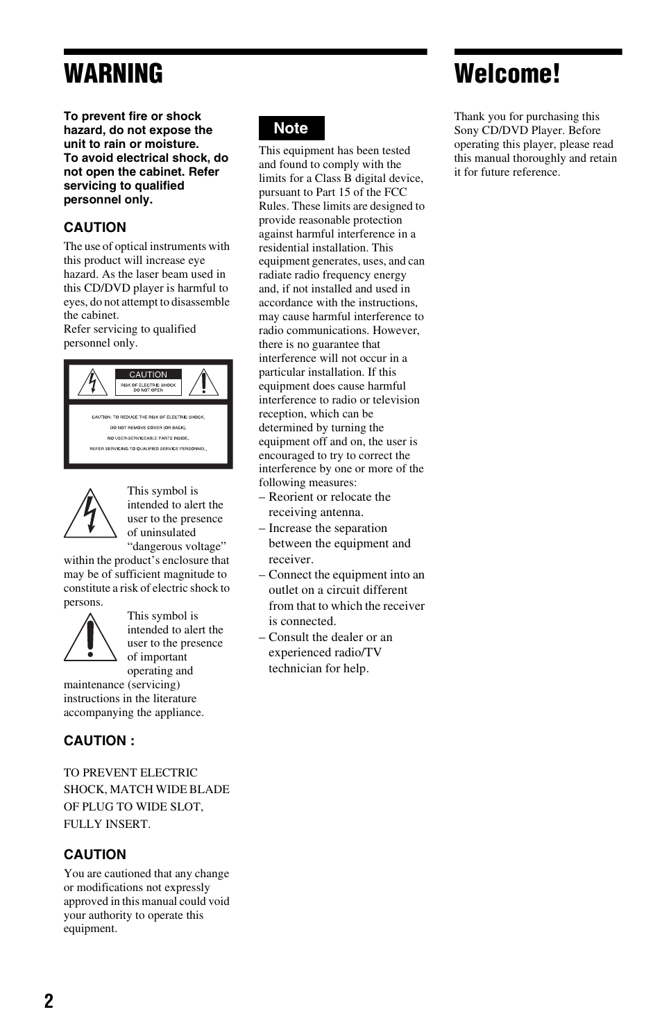 Warning, Welcome | Sony DVP-NC665P User Manual | Page 2 / 78