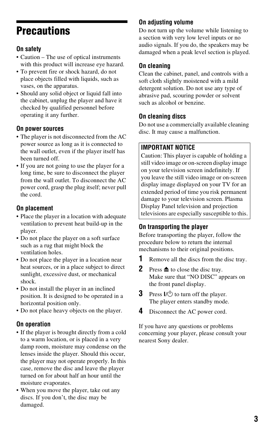 Precautions | Sony DVP-NC665P User Manual | Page 3 / 78