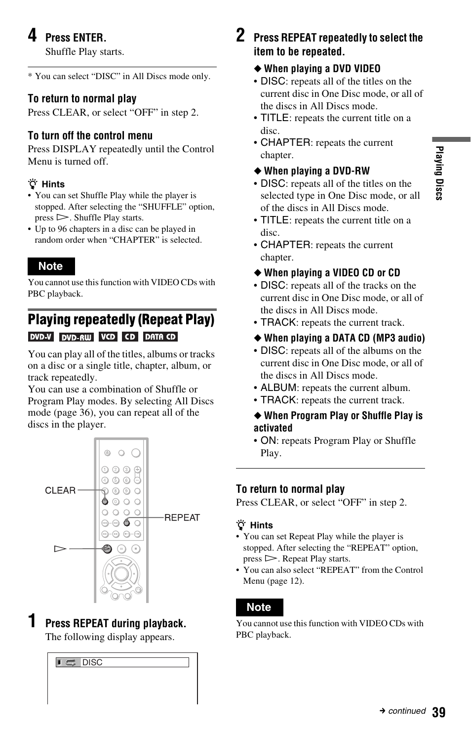 Playing repeatedly (repeat play) | Sony DVP-NC665P User Manual | Page 39 / 78