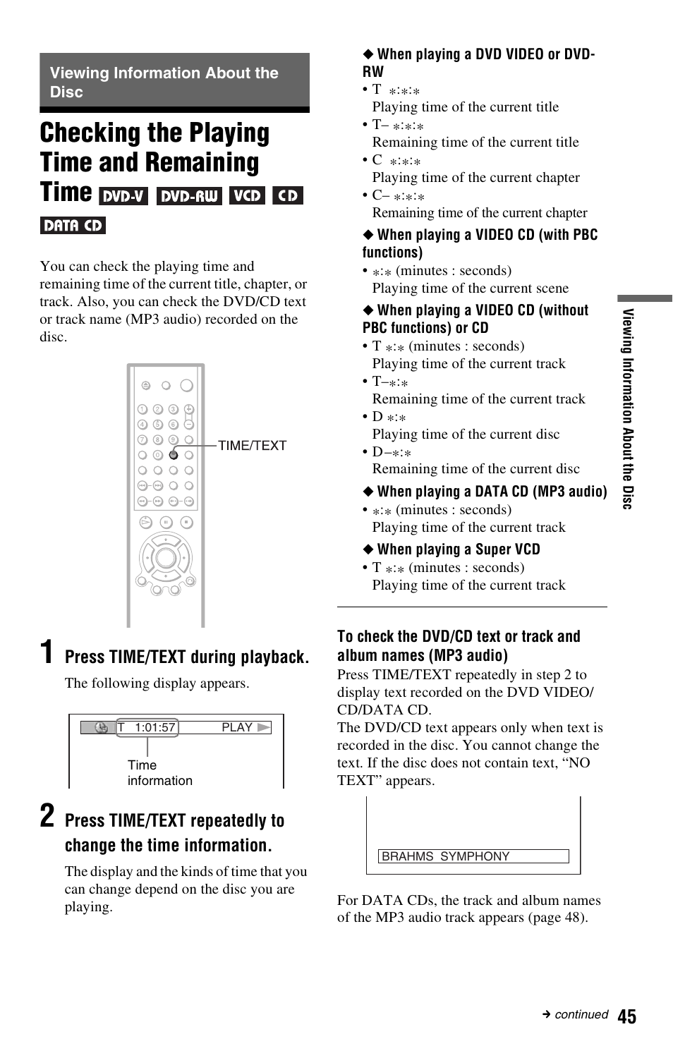 Viewing information about the disc, Checking the playing time and remaining time, N (45 | Sony DVP-NC665P User Manual | Page 45 / 78