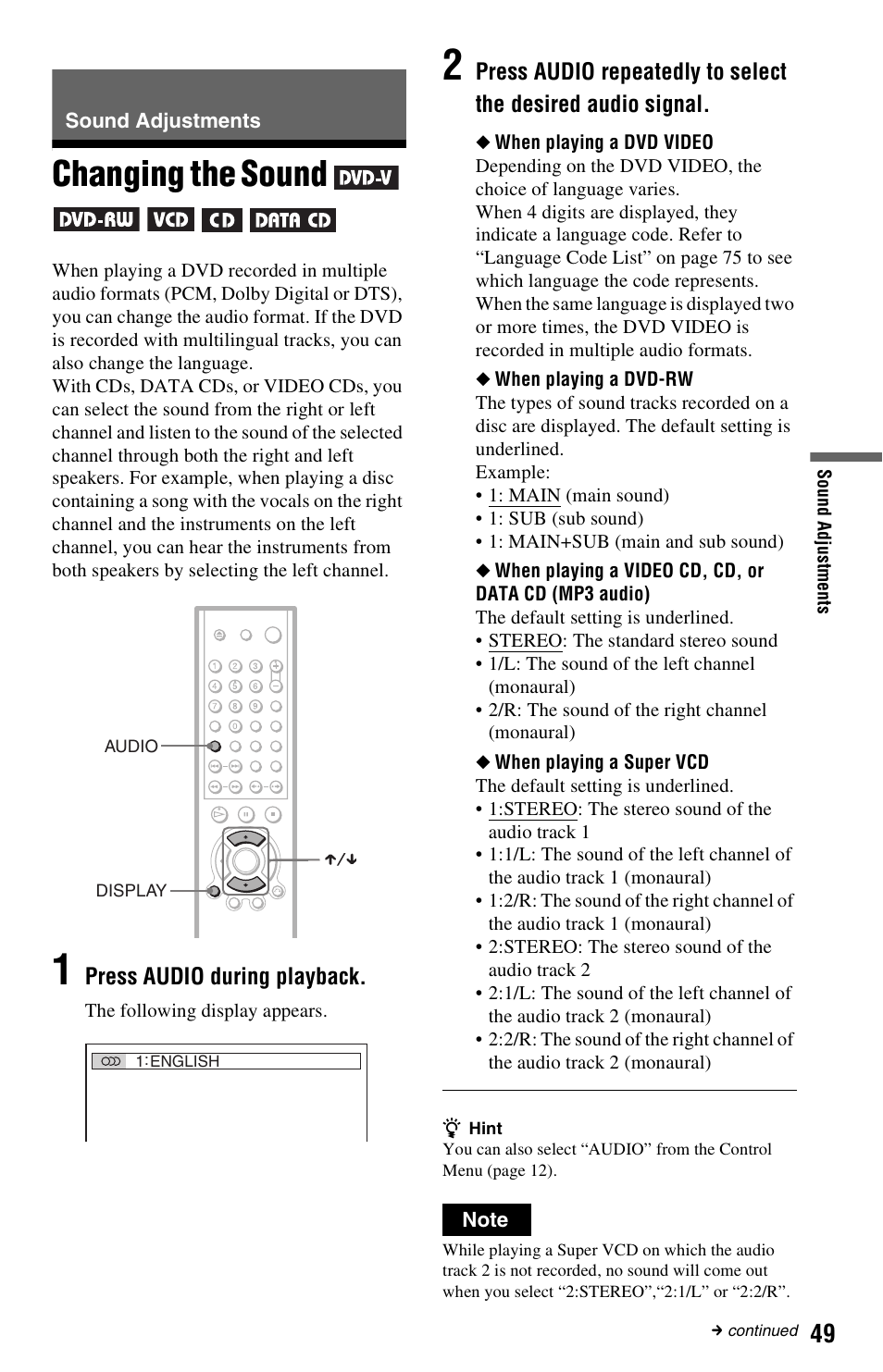 Sound adjustments, Changing the sound | Sony DVP-NC665P User Manual | Page 49 / 78